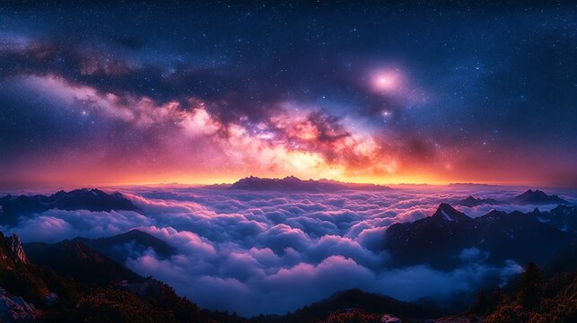 Majestic mountain peaks emerge from a sea of clouds under a starry twilight sky mountain range - Powered by Adobe