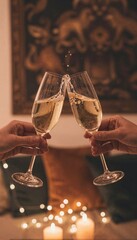 Two hands toast with champagne flutes filled with golden bubbles indoors, creating romantic mood, joyful celebration, anniversary, holiday., Wedding Anniversary Day