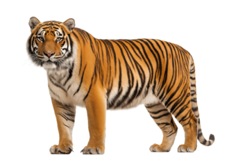 Full body view of a Bengal tiger with orange fur and black stripes standing alert isolated on a transparent background