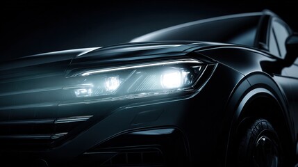 Fototapeta premium Dramatic Close-Up Modern Black Car Headlight Illuminating the Dark Background