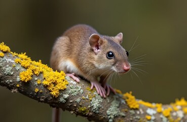 Obraz premium Small brown shrew sits on lichen covered branch with yellow flowers. Tiny rodent with whiskers looks alert in soft natural light. Wildlife scene focuses on its tiny paws.
