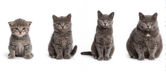 Four gray tabby kittens, relaxed and calm, sit in row against white background, displaying different sizes and coat textures., Cuteness, Playful, Fluffy, Pets, Kitten Development