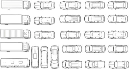 Top view vehicle blueprint illustration set, cars, trucks, vans outlines, automotive technical drawings, multiple transport types, line art style, isolated on white background © Hello World