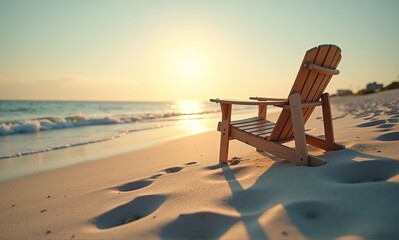A solitary wooden chair awaits on a sandy beach as the sun sets, casting long shadows.