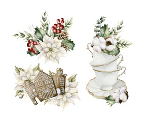 Winter floral arrangements set. Poinsettia flower Holly berry Eucalyptus Gingerbread Houses Crockery. Watercolor hand drawn isolated illustration on white background for Christmas design holiday print