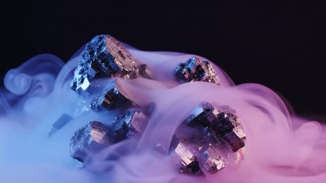 Mysterious pyrite crystal cluster surrounded by smoke