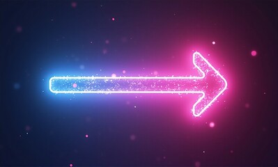 A shimmering neon arrow, glowing with a vibrant blue and pink gradient, points right against a dark, particle-filled background.