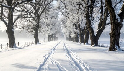 Obraz premium Snowy Winter Train Tracks Through Trees.
