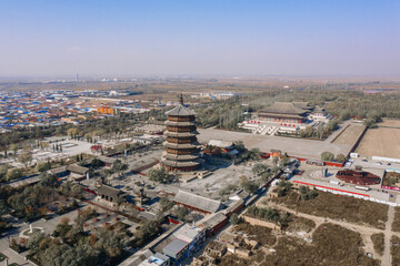 Fototapeta premium Aerial Footage of Yingxian Wooden Pagoda in Shanxi Province, China 