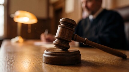Judge with wooden gavel on courtroom desk symbolizing justice. Law authority, Legal decision making, Fairness, Trial process and Judicial system concept