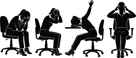 Silhouettes of stressed office workers seated, black figures, emotional posture, frustration gesture, workplace burnout, desk chair pose, white background, mental fatigue