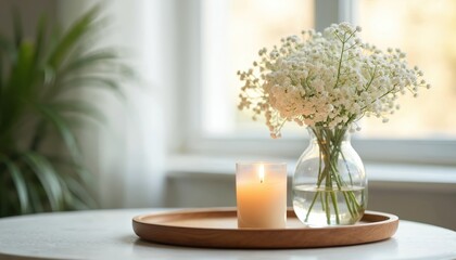 Lit candle and vase of white flowers on wooden tray. Soft light glows from candle illuminating delicate blooms. Natural elements create calm cozy atmosphere on table.