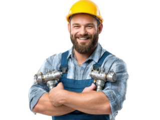 Hard Hat Hero: A skilled worker, with a cheerful smile, proudly holds two mechanical valves, embodying competence and reliability in the workplace.
