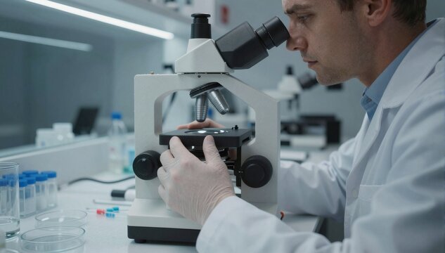 man in white lab coat uses microscope to examine petri dish on laboratory bench, focused and professional, in bright, clean lab environment, research, science, concentration., innovation - Powered by Adobe