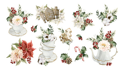 Winter floral arrangement set. Poinsettia flower Holly berry Eucalyptus Gingerbread Cookies Crockery. Watercolor hand drawn isolated illustration on white background for Christmas design holiday print