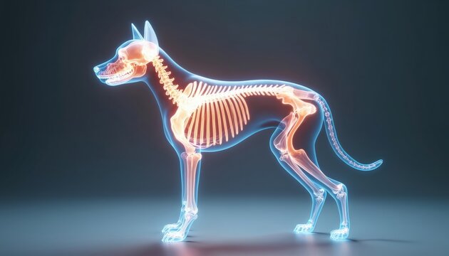 See dogs anatomy, skeleton, bones and internal structures. X-ray view shows dogs complete skeletal system. Medical illustration for vet study.