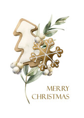 Gingerbread Christmas tree snowflake cookies with Eucalyptus branch Mistletoe berries greeting card. Watercolor hand drawn isolated illustration on white background for winter design holiday print