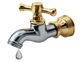 Golden Tap: A gleaming faucet drips a crystal clear water droplet, showcasing water conservation and minimalist design.