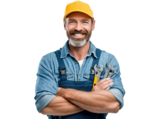 Mechanical Maestro: A skilled tradesman, his confident smile reflecting expertise, stands ready for action, clutching his indispensable tools