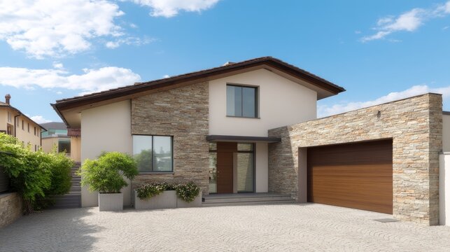 Modern residential home with stylish stone facade, large windows, and beautifully landscaped driveway under a clear blue sky