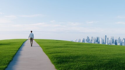 Fototapeta premium Man Walking Towards Cityscape from Green Field, Symbolizing Journey, Hope, and Future Opportunities in Urban Environment Under Blue Sky