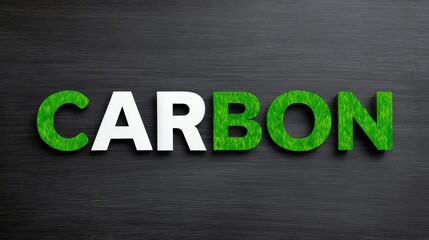 Eco-friendly Concept with the Word Carbon in Green Grass Texture and White Standout Letter on a Dark Metallic Background Symbolizing Sustainability