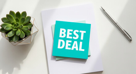 Overhead shot of succulent, papers, teal note saying "Best Deal" and pen on a table, suggesting business, offer, promotion, and workplace arrangement.