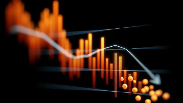 Digital financial chart with downward arrow and orange bar data visualization