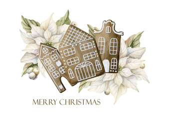 Gingerbread house cookie with Poinsettia flowers and Mistletoe berries greeting card. Watercolor hand drawn isolated illustration on white background for winter Christmas design holiday print textile
