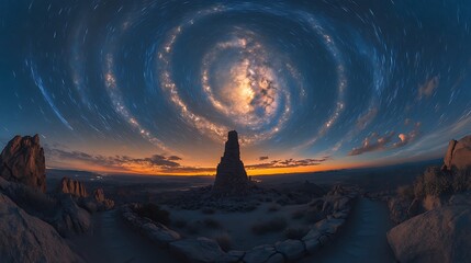 Spiral galaxy over desert rock formation at sunset with star trails milky way stars