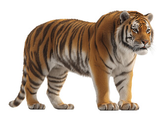 Fototapeta premium A realistic orange and black striped tiger standing with its head turned to the right isolated on a transparent background