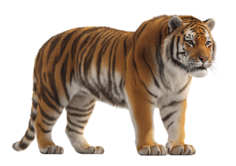 A realistic orange and black striped tiger standing with its head turned to the right isolated on a transparent background