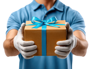 Prompted Delivery: A delivery person, presenting a neatly packaged gift tied with a vibrant blue ribbon, embodying the act of giving and anticipation.