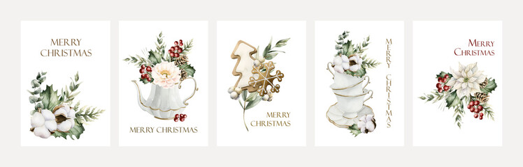 Winter floral greeting cards set. Poinsettia flower Holly berry Eucalyptus crockery cookies. Watercolor illustration
