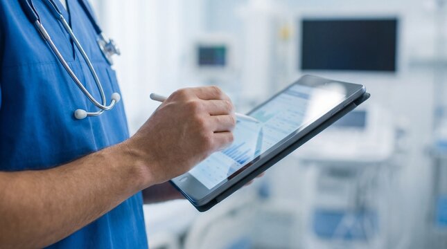 Healthcare doctor using digital tablet for patient data analysis and medical reporting in modern hospital environment.
