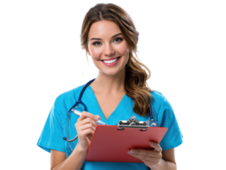 Smiling Healthcare Professional: A cheerful nurse with a warm smile, stethoscope, and clipboard, embodying compassion and care in the healthcare setting.