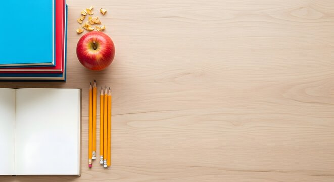 A vibrant back to school banner concept displaying essential supplies like textbooks, open notebook, pencils, and a red apple on a light wood desk for education. - Powered by Adobe