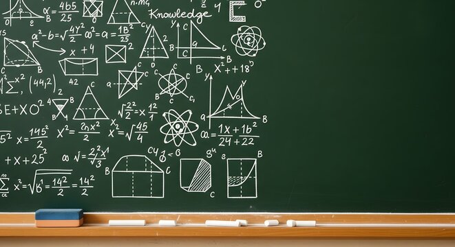 Back to school Chalkboard with intricate mathematical writing and geometric formulas representing the academic education concept. - Powered by Adobe