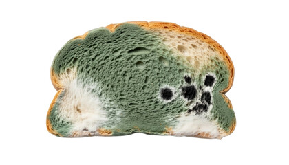 Slice of bread covered with green, black, and white mold colonies. Isolated on transparent background.