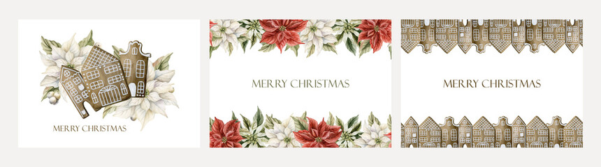Winter floral greeting cards set Poinsettia flower Gingerbread house cookies Watercolor hand drawn isolated illustration