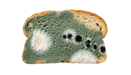 Slice of bread covered with green, black, and white mold colonies. Isolated on transparent background.