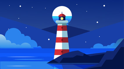 Nighttime lighthouse by the sea