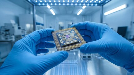 Advanced semiconductor chip inspection and microprocessor analysis in high tech laboratory with gloved hands, cleanroom environment and precision electronics manufacturing concept.