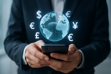 Financial technology with mobile banking innovation supporting world currency transactions and international money exchange