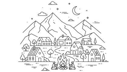 Naklejka premium A serene mountain village under a crescent moon with houses and majestic peaks