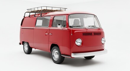 Classic red van isolated on white background with overhead luggage rack