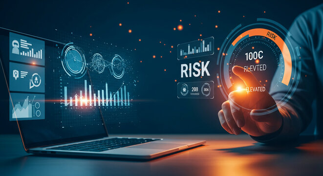 Laptop displaying financial graph and data, a finger touches the screen. Concept: risk management, investment, and finance, suggesting business decisions. - Powered by Adobe