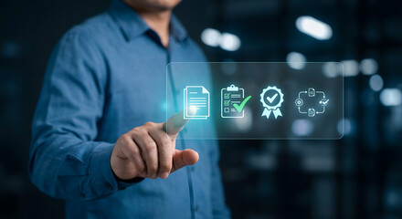 man touching virtual icons, business technology