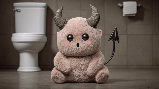A stuffed animal with horns and a devil's tail sits on a toilet. The image has a playful and whimsical mood, as the stuffed animal is not a typical bathroom decoration