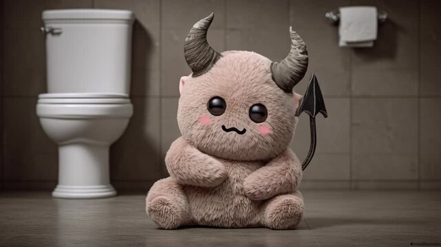 A stuffed animal with horns and a devil's tail sits on a toilet. The image has a playful and lighthearted mood, as the stuffed animal is not a real animal but rather a toy